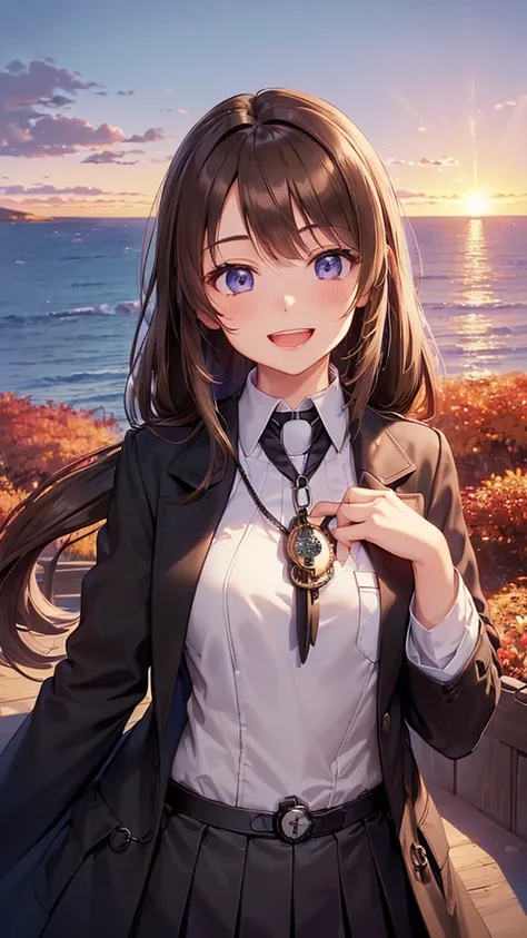 ((Open mouth smiling:1.3)),(( black long coat)), very beautiful teenage girl,( Perfect Eyes ,16k, ultra high resolution with forest background, best quality,masterpiece, super detailed, highly detailed facial features,  perfect face,  Anatomically Correct ...