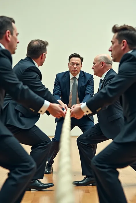 Elon Musk in a tug-of-war, pulling a rope labeled $75 trillion. On the other side, businessmen nervously pull a rope labeled $1.7 trillion (deficit)