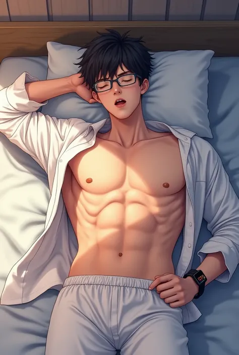  Japanese Anime Picture,  full body image, In the bedroom, 1 man,A handsome, 17-year-old Asian guy with short hair wearing glasses , A man lies on his back on a bed , The men, wearing white pajamas with a whole dark blue stripe, were unbuttoned and unbutto...