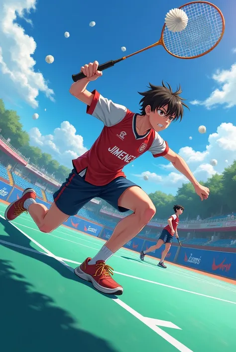 make me a anime badminton player smashing with jimenez in his jersey and lams at the bottom in a wide view