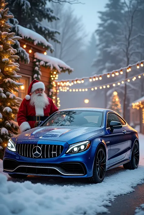 generate a image of a blue c63 AMG next to santa claus and some christmas decorations on snow 