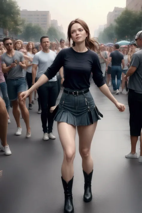 adorable woman, dancing among crowd, city street, (+forehead, brown hair, ponytail), black 3/4 sleeves t-shirt, prussian-blue denim  pencil pleated mini skirt, black boots, BREAK, (1girl, solo, full body), (best quality,4k,8k,highres,masterpiece:1.2),ultra...