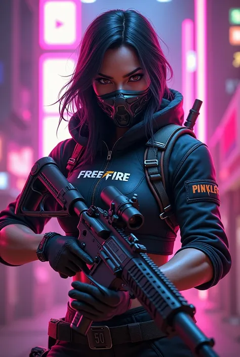 Персонаж игры Free Fire, female, 4K, with weapons, Neon background, face in a mask, надпись Free fire