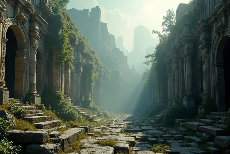 (((detailed ancient ruined city))), dramatic lighting, overgrown vegetation, crumbling architecture, detailed stone textures, sunlight filtering through the ruins, atmospheric fog, detailed weathered stone, intricate carved details, dramatic shadows, sense...