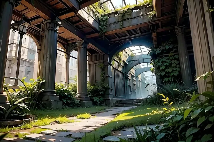 highly detailed Ancient City Ruins, crumbling stone architecture, overgrown vegetation, sunlight filtering through, atmospheric lighting, dramatic shadows, intricate details, weathered textures, mossy covered structures, abandoned and forgotten, cinematic ...