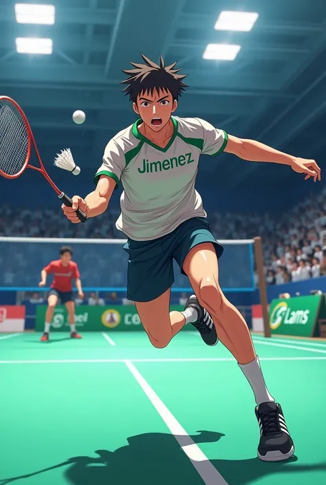 make me a anime badminton player SMASHING with jimenez in his jersey and lams at the bottom in a wide view and put him in the court
