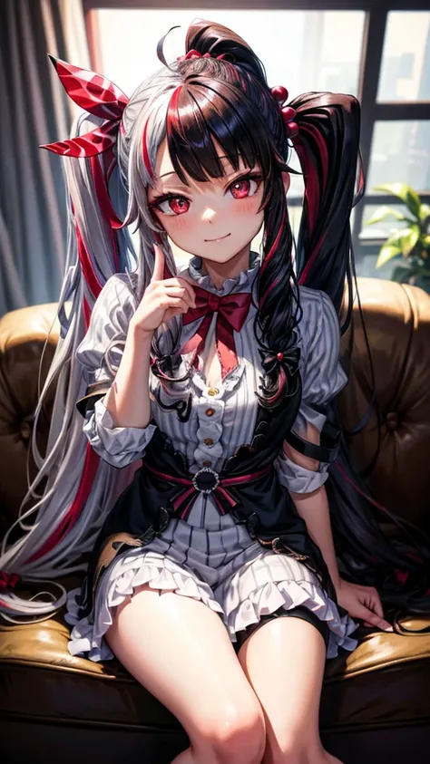 masterpiece, best quality,  highres icon, rena1, 1girl, Alone, multicolored hair, red eyes, black hair, split-color hair, streaked hair, twintails, two-tone hair, hair ornament, ahoge, hair ribbon, bangs, grey hair, red hair, hair bobbles, very long hair, ...