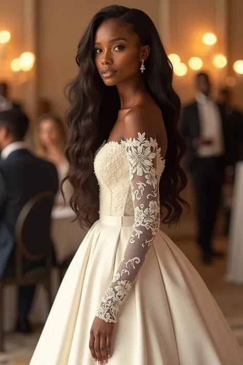 Generate an image of an African lady in a white gown with a long sleeve lace hand style in a wedding function with a nice body posture.