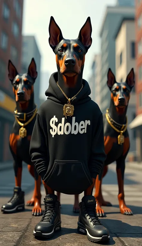 Hyperrealistic dobermans in 3d "grand theft auto" game
Camara Zoom out. Nike air max shoes, black hoodie with text "$DOBER" ( font: lava pro rough color white) sunglasses and big golden necklaces. Hyperdetailed. 
 
