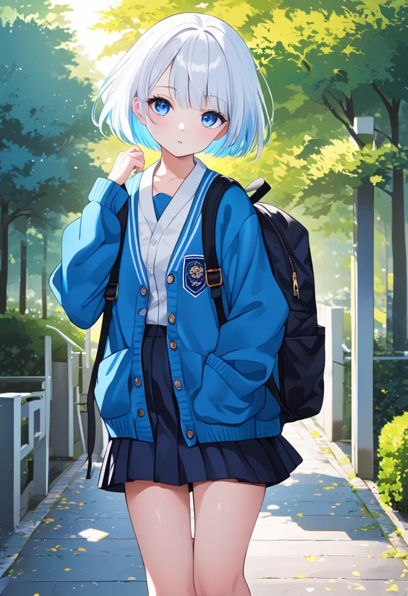 portrait of a cute girl with short white hair blending shades of blue, bright blue eyes, , walking pose, dressed in a Japanese school uniform with oversized cardigan, black backpack, dynamic composition,