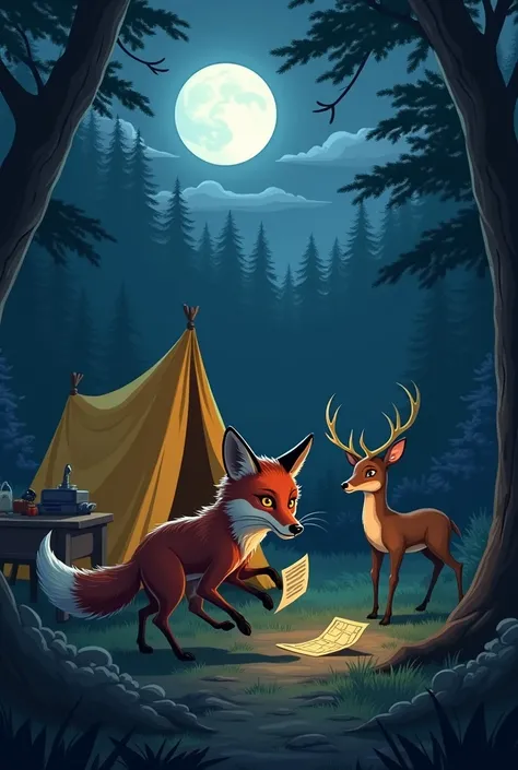 "A nighttime scene with the fox and deer sneaking through a human campsite. The fox, lit by moonlight, moves swiftly, carrying a piece of paper, while the deer carefully watches from the shadows. Behind them, tents, tools, and a map on a table are visible....