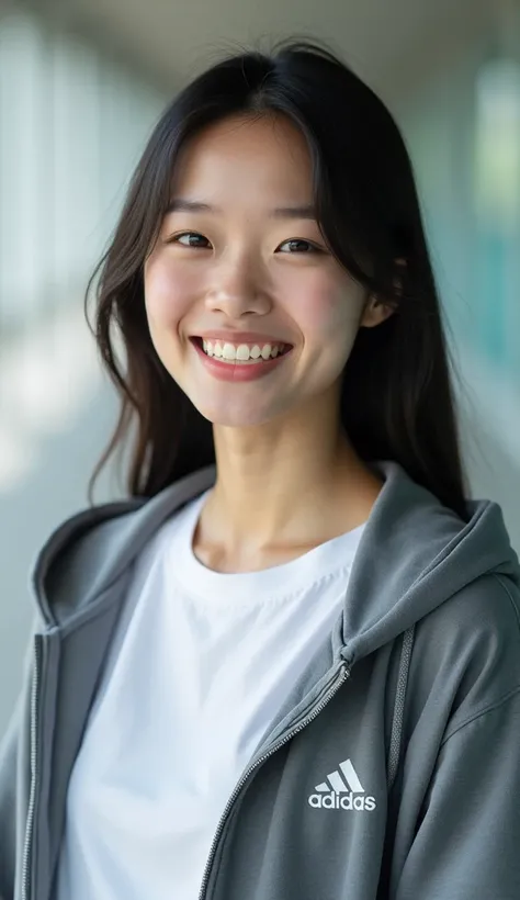 Japanese woman wearing an adidas t-shirt wearing a headshot half-zipper hoodie