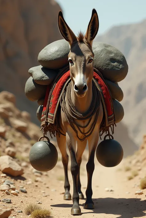 A thin and dusty Afghan donkey with a traditional red seat mat on the back,  on its sides hung large, dark black, rounded stones as a load