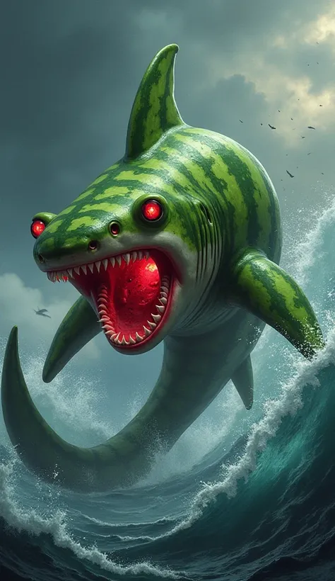 "Create a monstrous hybrid creature that combines the sleek, predatory body of a shark with the vibrant, textured elements of a watermelon. The sharks body should have the green-striped exterior of a watermelon, blending seamlessly into its sleek form, wit...