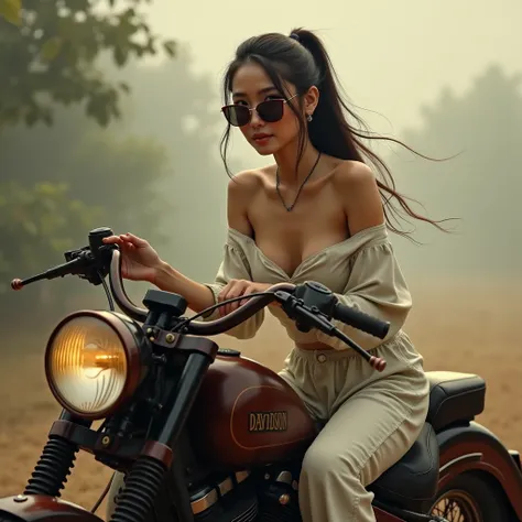 (photorealism:1.2), beautiful Indonesian woman, sitting on an old Harley Davidson. wearing loose off-shoulder top, pajama pants, sunglasses, side ponytail long  hair, look to camera, soft lighting, fog.in background, relaxed pose, realistic, intricate deta...