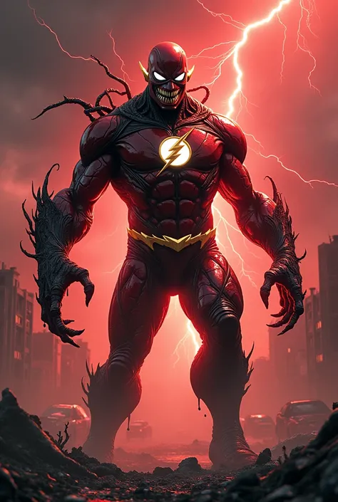 Here’s a prompt for a Venom and Flash hybrid using the dead city background:

"Create an image of a monstrous hybrid combining Venom and Flash, standing in a ruined, dead city. The creature has Flashs iconic red suit, streaked with black, liquid-like symbi...