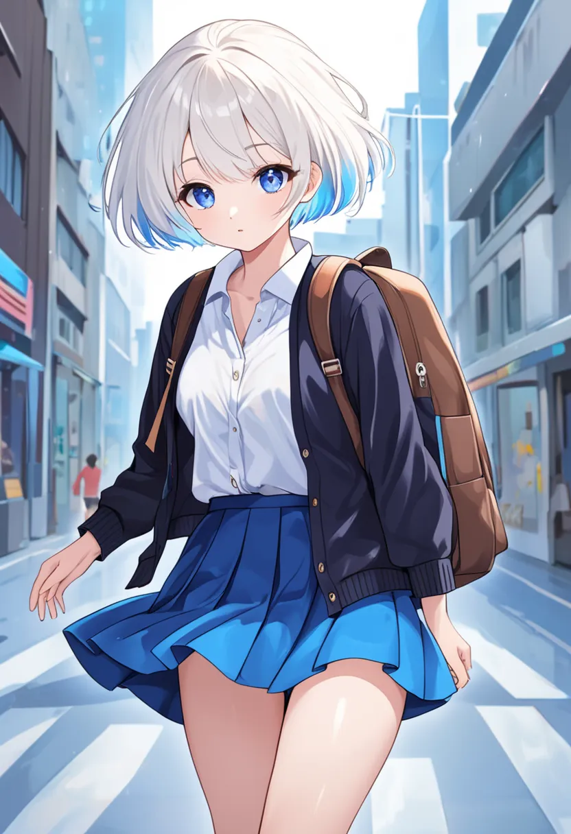 portrait of a cute girl with short white hair blending shades of blue, bright blue eyes, , walking pose, using white shirt and blue skirt, with brown cardigan, black backpack, dynamic composition,