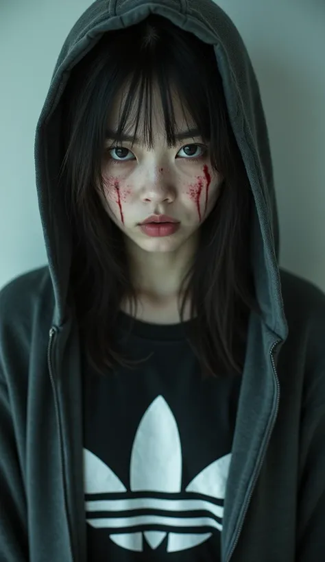 Headshot Japanese woman wearing a half zipper hoodie wearing an adidas t-shirt has blood on her nipples