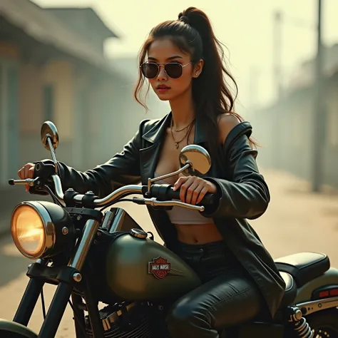 (photorealism:1.2), beautiful Indonesian woman, sitting on an old Harley Davidson. wearing leather suit over loose off-shoulder top, pajama pants, sunglasses, side ponytail long  hair, look to camera, soft lighting, fog.in background, relaxed pose, realist...