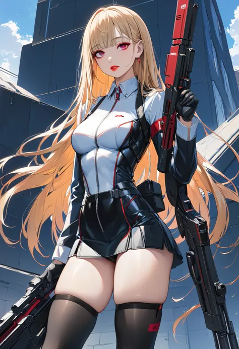 (masterpiece,  best quality :1.2,UHD,High Resolution,Detailed depiction)、 a spy girl 、 sexy lips、 slightly pale red lipstick 、 blond long hair 、 dull bangs、Red Striped Hair 、A sniper gun in her hand 、 holding a weapon 、 Exposing Black Rubber Suit、 skirt、Bl...