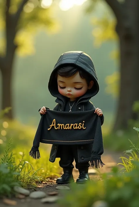  Imager 3 D little guy in a black jacket is in a park holding a shawl inscribed with his name "AMARASI "
3d
