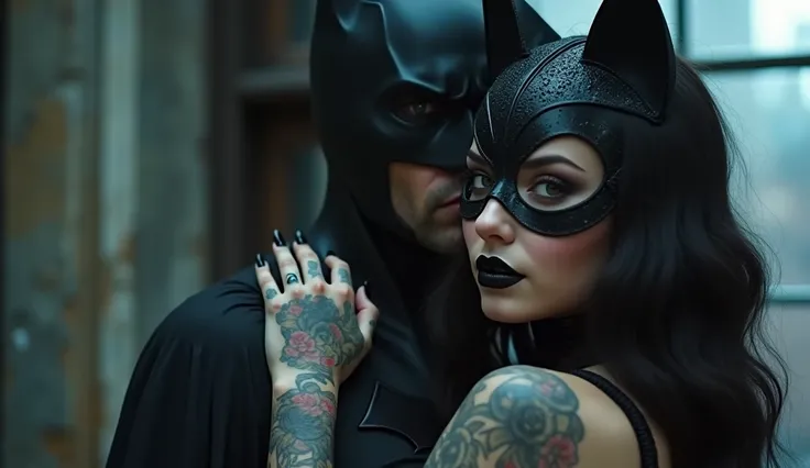 close-up. Create an image of a (((beautiful catwoman with cat ears and sophisticated catwoman mask with recesses and reliefs, high heels and black lipstick, very long black nails, she is with Batman)) and a swimsuit with marked seams, she is all tattooed, ...