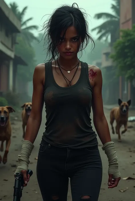 A full-body depiction of an Indian-looking young woman with brown skin and a determined expression. She has messy, disheveled hair, cuts on her face, and is wearing a black sleeveless shirt with visible holes and blood stains. She also has black pants, ban...