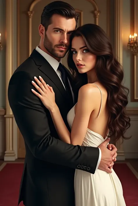 handsome man with a dominant ‘CEO’ aura. he has no beard, he is wearing a black suit.  his eyes are black. he is hugging a beautiful girl with long wavy dark brown hair. her eyes are blue. she is wearing a white dress. the background is a luxurious mansion...