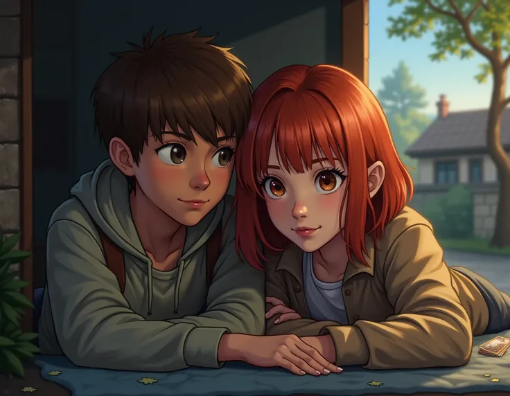 a brown-white boy and a red-haired girl in a shelter in a community that seems like a realistic 17-year-old neighborhood away from zombies, Let them look like 17-year-old adults and not young 