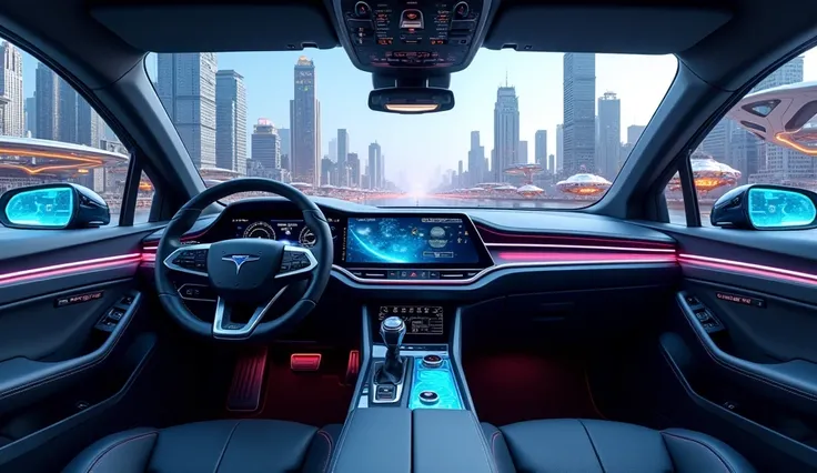 Create a detailed and futuristic image of the interior of a self-driving car filled with LED screens and advanced artificial intelligence interfaces. The dashboard has no steering wheel, showcasing the fully autonomous design. The cabin is sleek and modern...