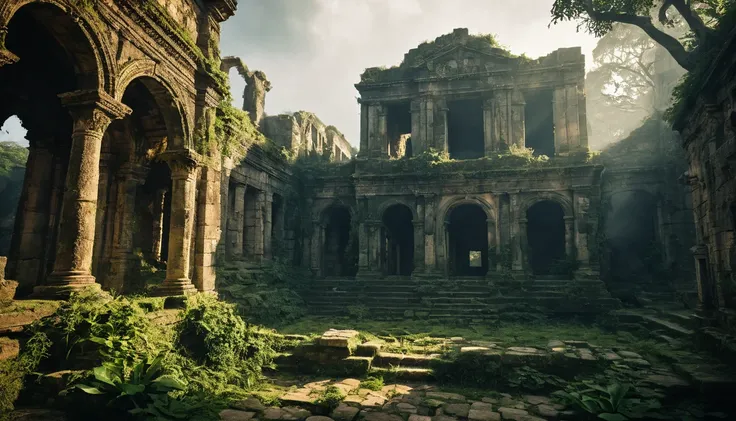 (((detailed ruined ancient city))),ravaged by time, dramatic lighting, overgrown vegetation, ruined architecture, detailed stone textures, sunlight filtering through ruins, atmospheric fog, detailed eroded stone, intricate carved details, dramatic shadows,...