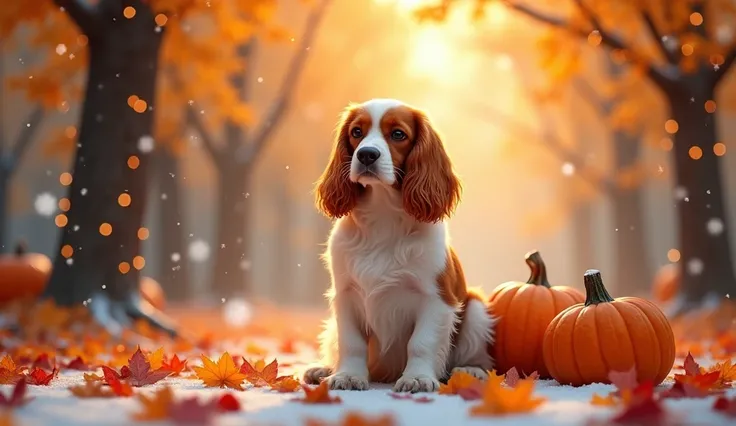 Autumn, pumpkin , snow, lightfüzér, burgundy falevel,  yellow leaf, light,  Autumn tree , spaniel dog