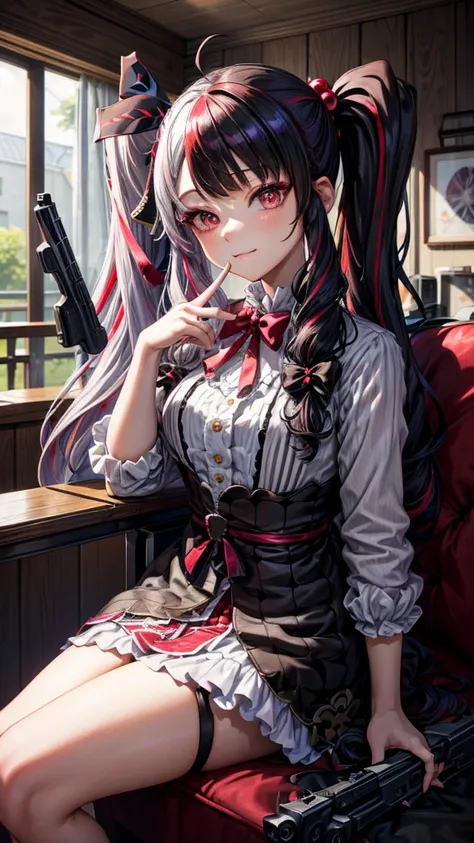 masterpiece, best quality,  highres icon, rena1, 1girl, Alone, multicolored hair, red eyes, black hair, split-color hair, streaked hair, twintails, two-tone hair, hair ornament, ahoge, hair ribbon, bangs, grey hair, red hair, hair bobbles, very long hair, ...