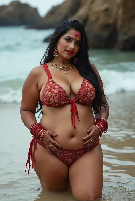 Straight hair, BRIDE, Wet CURVY FIT PAWG MARRIED INDIAN BRIDE, full body picture , BBW Wet curvy, wet Desi BRIDE showing her big ass  in sexy sexy thong pattern bikini and showing cleavage and in nose ring, many Red bangles in hands,earings, necklace ,lips...