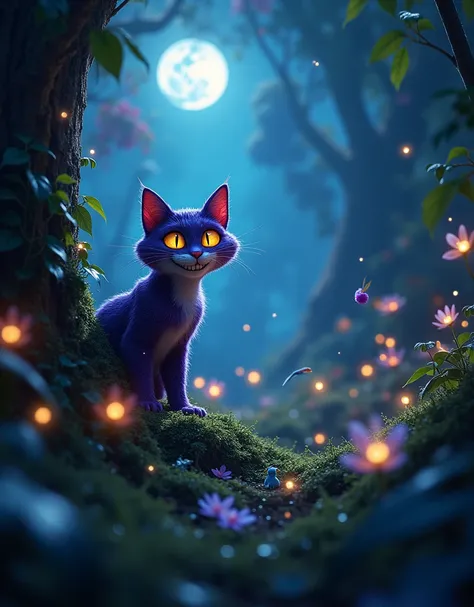  Disneys Cat in Alice in Wonderland ,  super detailed augmented reality type photograph . [  in Alices enchanted forest with thousands of fireflies shining in the night,  the Milky Way in the background and the waning moon .]  exotic vegetation in many col...