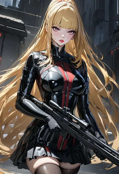 (masterpiece,  best quality :1.2,UHD,High Resolution,Detailed depiction)、 a spy girl 、 sexy lips、 slightly pale red lipstick 、 blond long hair 、 ponytail、blunt bangs,Red Striped Hair 、A sniper gun in her hand 、 holding a weapon 、 Exposing Black Rubber Suit...