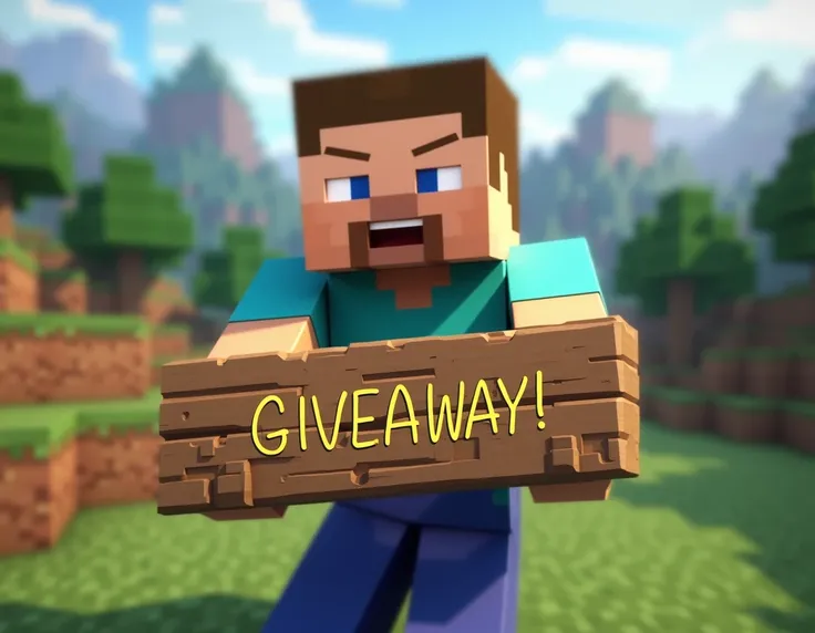 A Minecraft character holding a wooden sign with the text Giveaway!