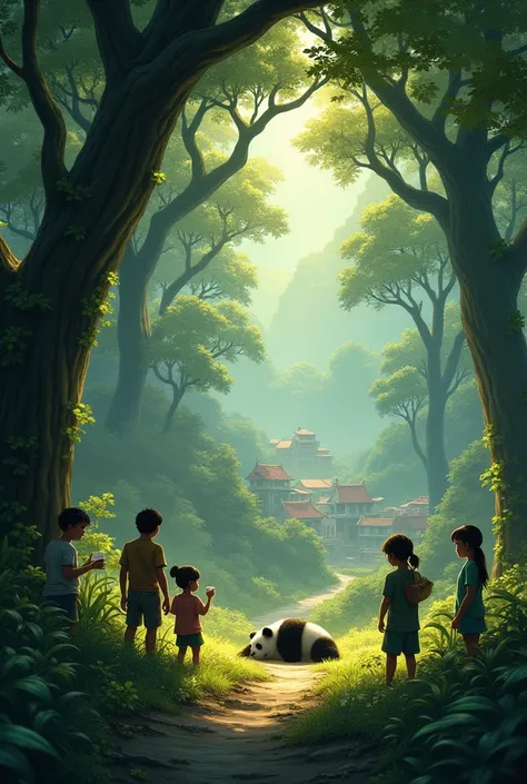 "A dense forest near a small village. A group of curious ren finds an injured panda lying under a tree, looking helpless."


