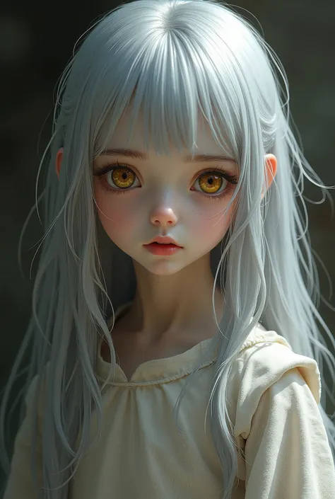  Girl aged three years,  silver hair ,  golden eyes , white skin ,  slave clothes 