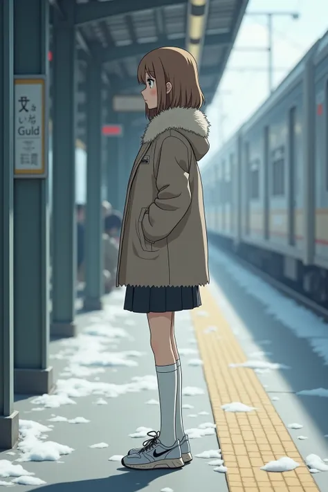 absurd realistic side view photo of a japanese girl with light brown hair, standing on a train platform on a snowy day, wearing a fur coat and a skirt, long white socks and running shoes, best quality, ultra realistic, perfect body , beautiful face, accura...