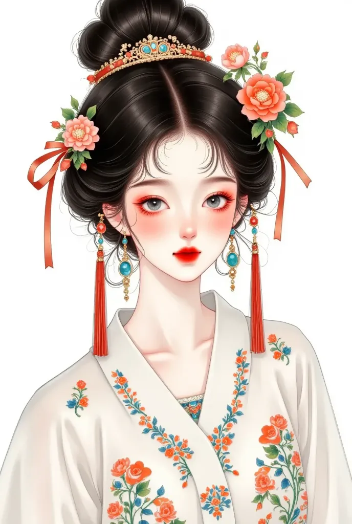 1 girl,bead,black eyes, dark haired,, chinese clothes ,shut up,skirt,earrings,gem,jewelry,lips,lipstick,long sleeve, view audien...