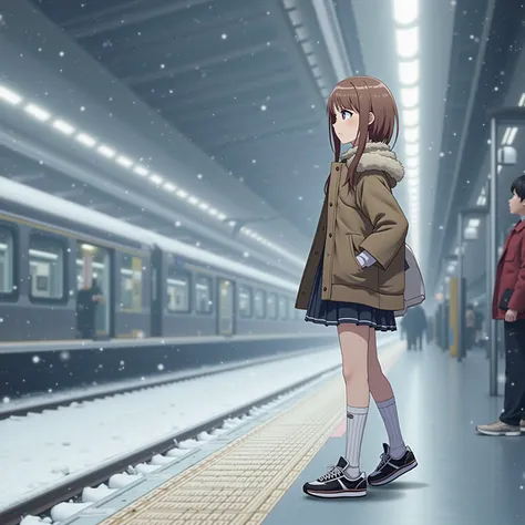 absurd REALISTIC side view photo of a japanese girl with light brown hair, standing on a train platform on a snowy day, wearing a fur coat and a skirt, long white socks and running shoes, best quality, ultra realistic, perfect body , beautiful face, accura...