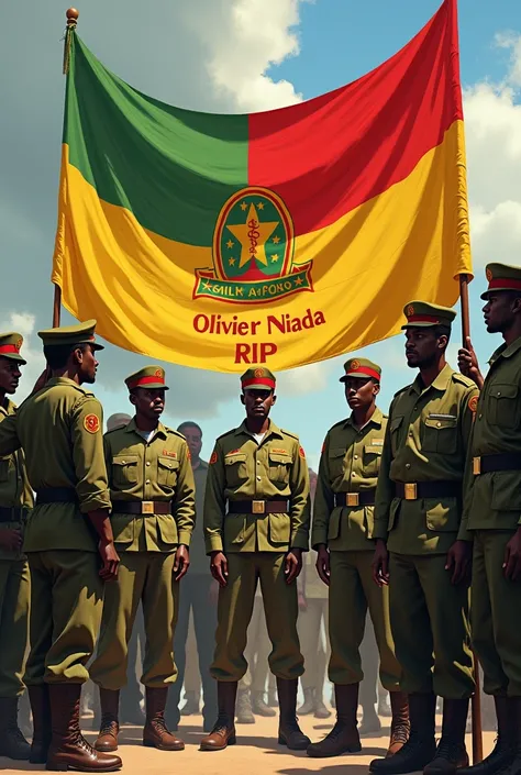 Image des militaires africains regroupe r ensemble en tenant une grande banderole sur laquelle cest écrit "Olivier Niada Rip". Derrière eux cest fixé un drapeau du Burkina Faso de couleur "🇧🇫"