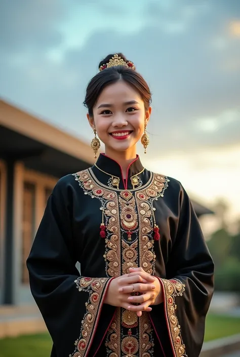 A young woman wearing an ornate black traditional outfit adorned with intricate gold and red patterns stands outdoors. She is smiling and has her hands clasped in front of her, holding decorative items. The background features a modern building with a slop...