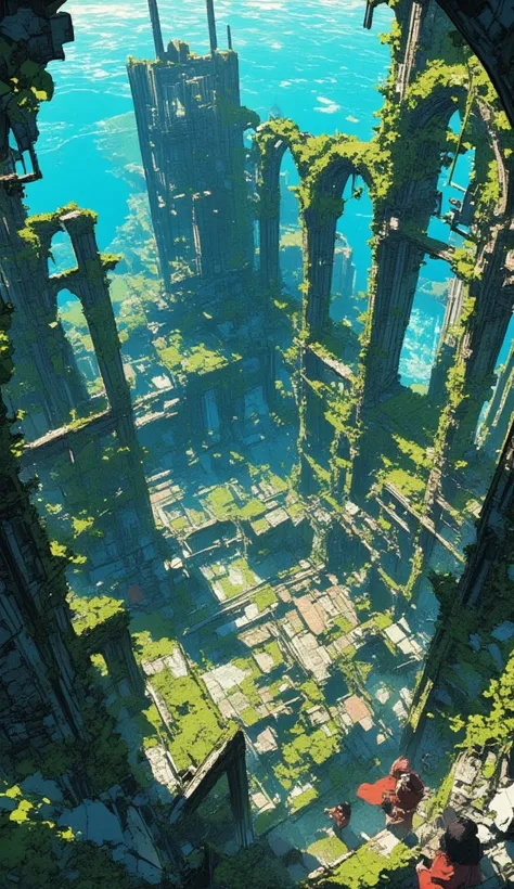 an underwater ruins city. the ruins have a complicated layout, almost labyrinth-like. it is filled with moss and other natural plants that has now envelops the whole ruins. The camera is shot from a higher ground, allowing the image to capture a wide area ...