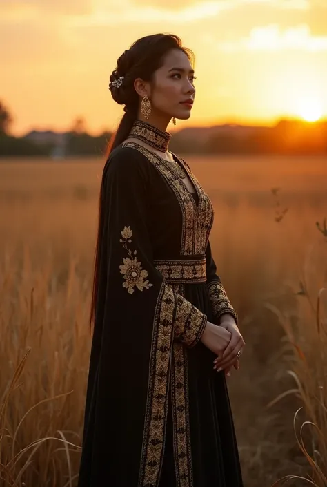 a woman in a black and gold outfit standing in a field, traditional dress, traditional clothes, wonderful masterpiece, wearing authentic attire, traditional costume, at sunrise, zenra taliyah, wearing traditional garb, at dawn, taken in 2 0 2 0, malaysian,...