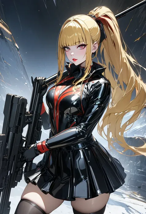 (masterpiece,  best quality :1.2,UHD,High Resolution,Detailed depiction)、 a spy girl 、 sexy lips、 slightly pale red lipstick 、 blond long hair 、 ponytail、blunt bangs,red streaked hair 、A sniper gun in her hand 、 holding a weapon 、 Exposing Black Rubber Sui...