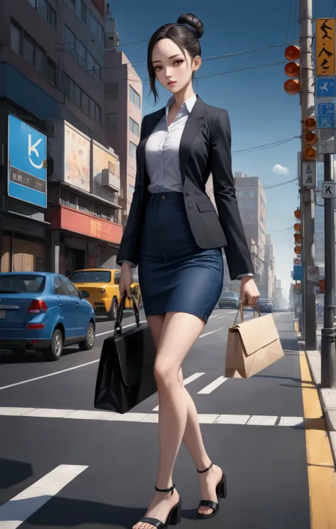 office woman, crossing road, carrying a envelope, bag, (+forehead, black long straight hair, single bun, half up half down), black long sleeves blazer, gray polo shirt, navy-blue denim pencil mini skirt, heel sandals, BREAK, (1girl, solo, full body), (best...