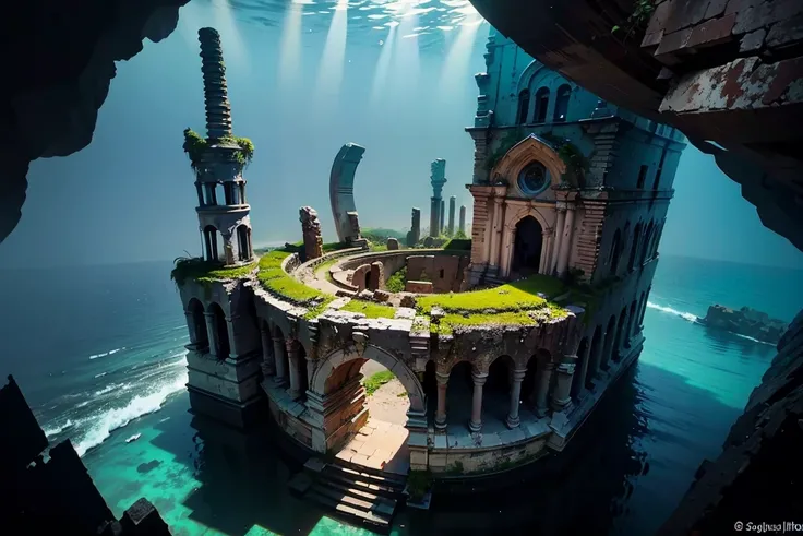 Ancient City Ruins,Complex shapes, never-before-seen structures, shots from above,exquisite, beautiful, insanely detailed, colorful building, under the sea, mystical atmosphere, dynamic angle, impressive panoramas, sunbeam