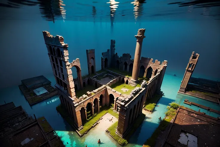 Ancient City Ruins,Complex shapes, never-before-seen structures, shots from above,exquisite, beautiful, insanely detailed, colorful building, under the sea, mystical atmosphere, dynamic angle, impressive panoramas, sunbeam